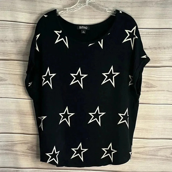 BUFFALO David Bitton Black Star‎ Print Short Sleeve Knit Blouse Size M - Picture 3 of 7